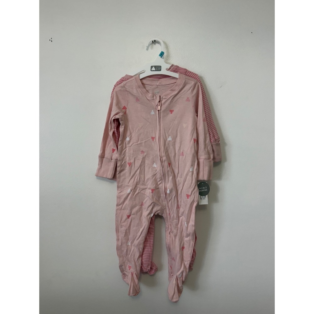 Baby Gap Baby Girls 2-Pack Sleeper Pajamas – Pink Bear & Stripe – 6-9M – NWT